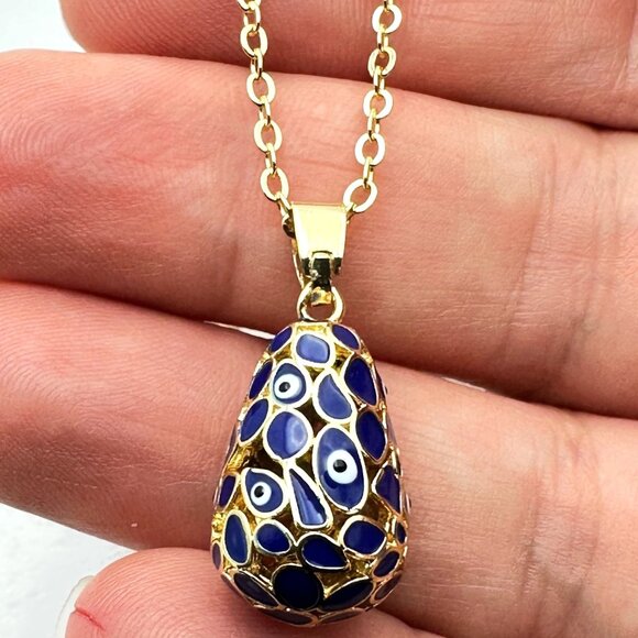 Evil Eye Pendant Necklace Gold Plated Blue White Enamel 18 - 20 Inch Chain - Picture 1 of 3